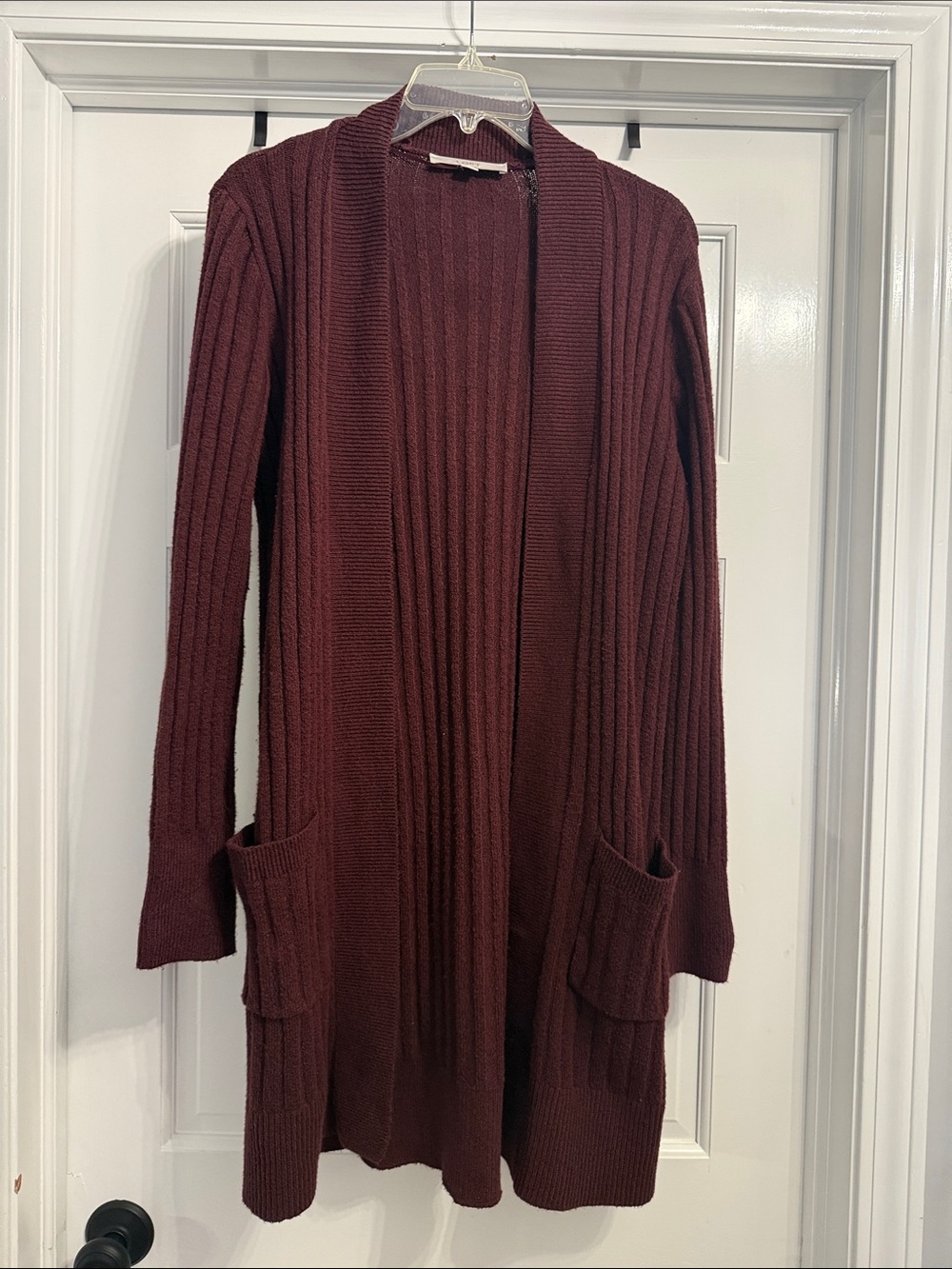 Loft Women's Open-Front Long Ribbed Cardigan Sweater - Burgundy size small